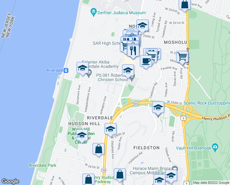 map of restaurants, bars, coffee shops, grocery stores, and more near in The Bronx