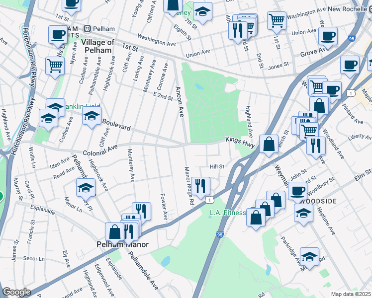 map of restaurants, bars, coffee shops, grocery stores, and more near 434 Manor Ridge Road in Pelham Manor