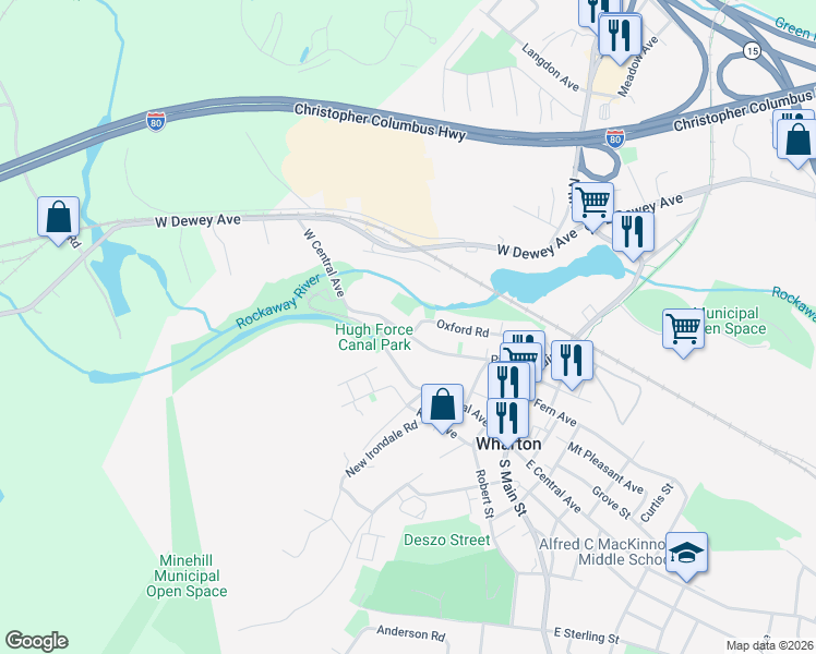 map of restaurants, bars, coffee shops, grocery stores, and more near 107 Pine Street in Wharton