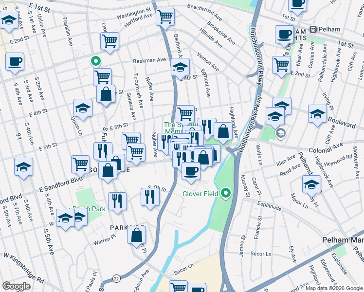 map of restaurants, bars, coffee shops, grocery stores, and more near 469 South Columbus Avenue in Mount Vernon