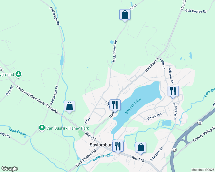 map of restaurants, bars, coffee shops, grocery stores, and more near 195 Brick Church Road in Saylorsburg