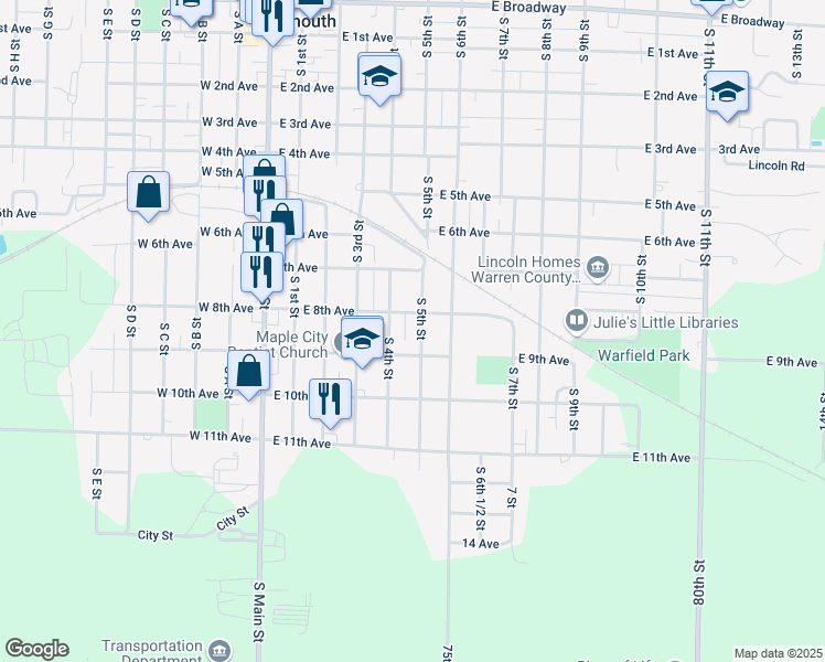 map of restaurants, bars, coffee shops, grocery stores, and more near 901-999 South 5th Street in Monmouth