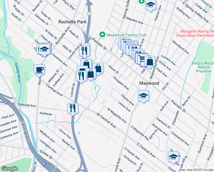 map of restaurants, bars, coffee shops, grocery stores, and more near 147 Lenox Avenue in Maywood
