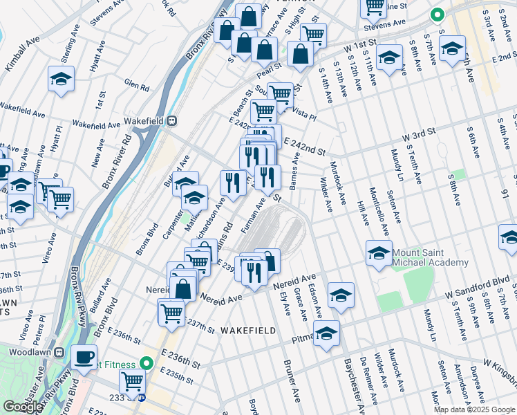 map of restaurants, bars, coffee shops, grocery stores, and more near 4642 Furman Avenue in Bronx