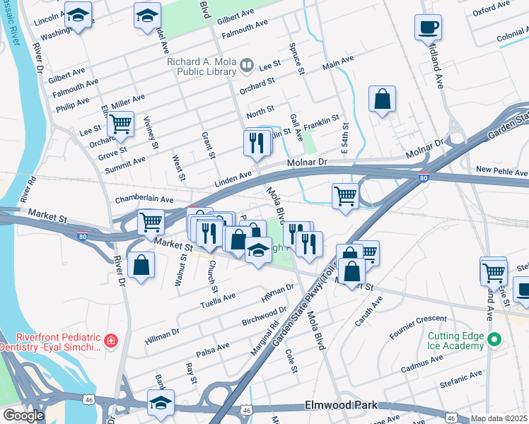 map of restaurants, bars, coffee shops, grocery stores, and more near 10 Veterans Place in Elmwood Park
