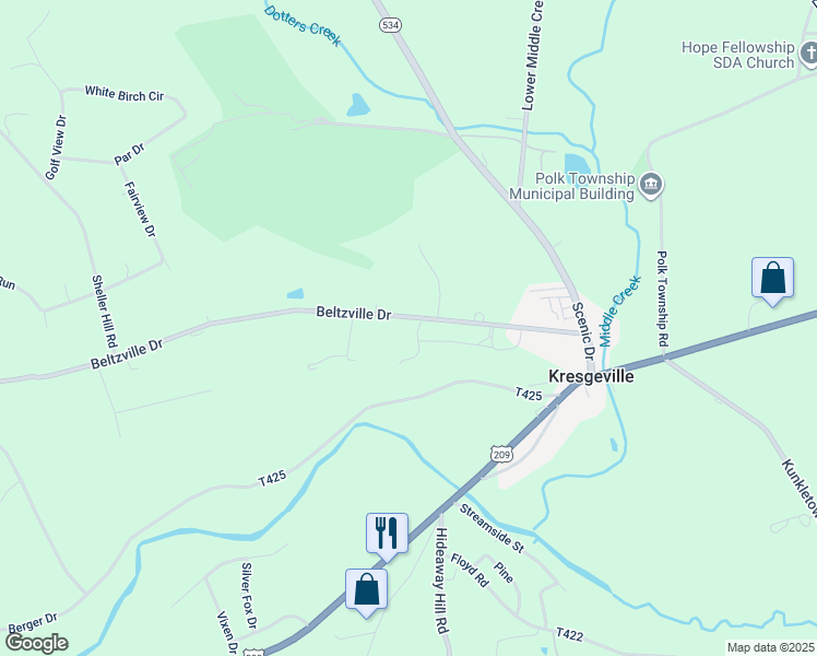 map of restaurants, bars, coffee shops, grocery stores, and more near 412 Beltzville Drive in Kunkletown