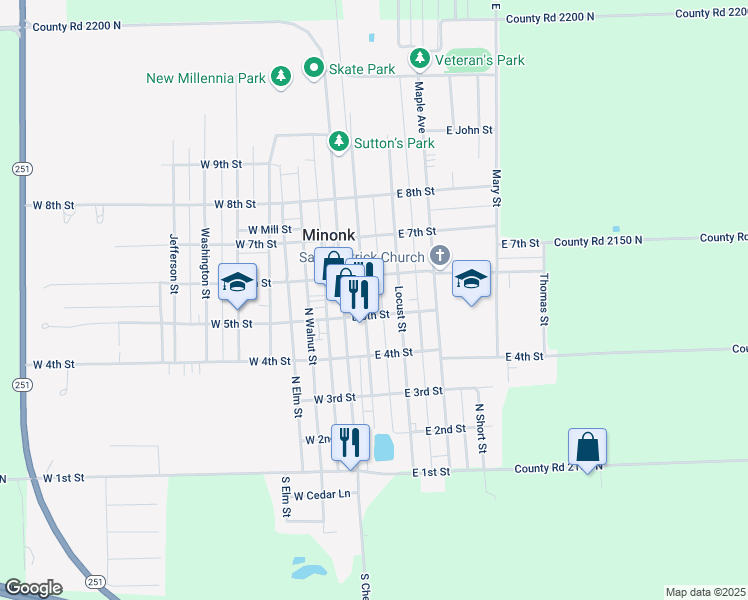map of restaurants, bars, coffee shops, grocery stores, and more near 214-310 East 5th Street in Minonk