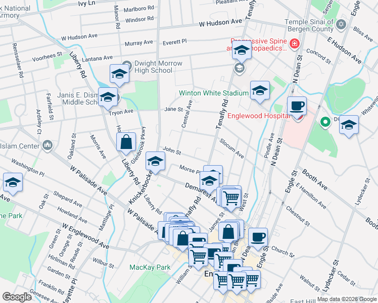 map of restaurants, bars, coffee shops, grocery stores, and more near 164 John Street in Englewood