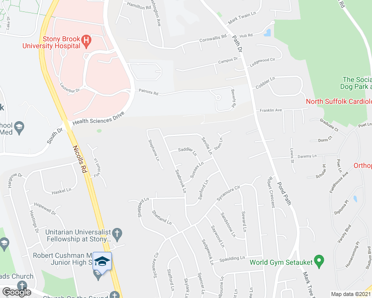 map of restaurants, bars, coffee shops, grocery stores, and more near 10 Saddler Lane in Stony Brook