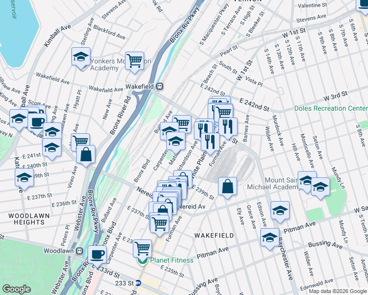 map of restaurants, bars, coffee shops, grocery stores, and more near 4542 Matilda Avenue in Bronx