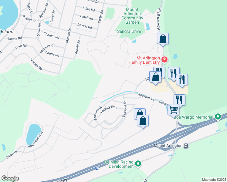 map of restaurants, bars, coffee shops, grocery stores, and more near 112 Brookside Lane in Mount Arlington