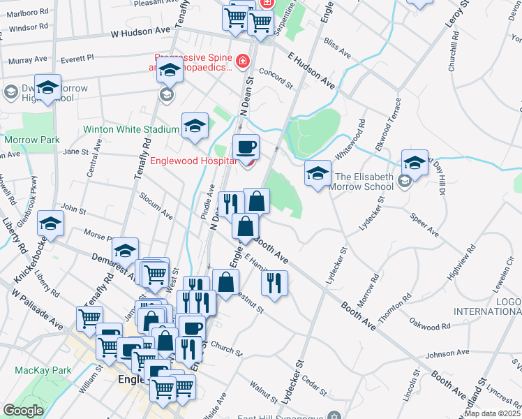 map of restaurants, bars, coffee shops, grocery stores, and more near 285 Engle Street in Englewood
