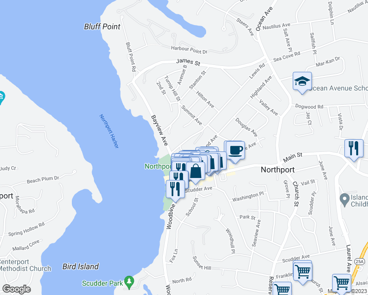 map of restaurants, bars, coffee shops, grocery stores, and more near 30 Lewis Road in Northport