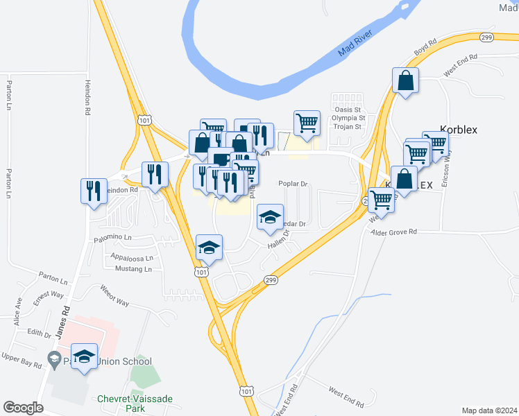 map of restaurants, bars, coffee shops, grocery stores, and more near 1282 Cedar Drive in Arcata