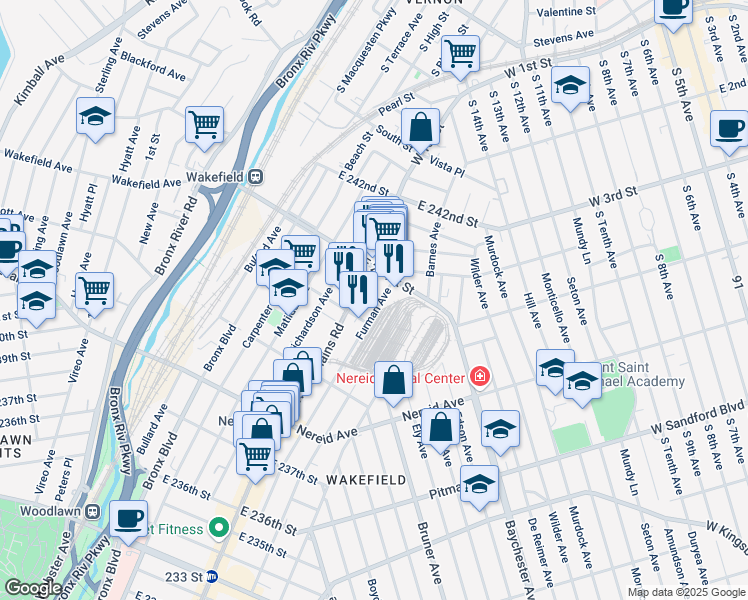 map of restaurants, bars, coffee shops, grocery stores, and more near 711 East 240th Street in The Bronx