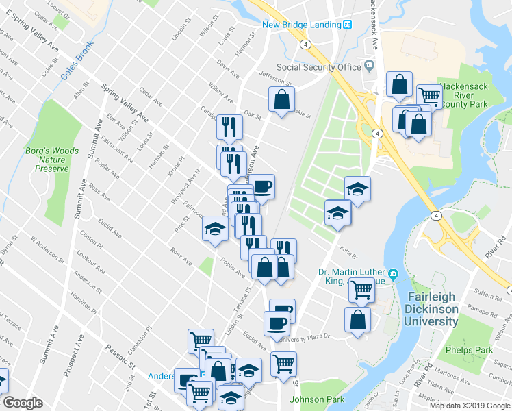 map of restaurants, bars, coffee shops, grocery stores, and more near 706-708 Main Street in Hackensack