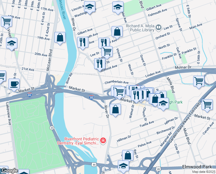 map of restaurants, bars, coffee shops, grocery stores, and more near 1A Paterson Avenue in Elmwood Park