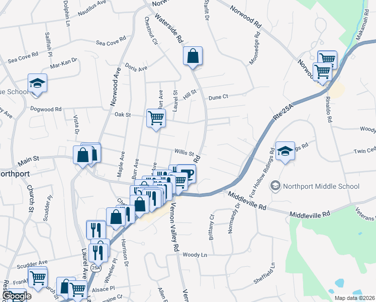 map of restaurants, bars, coffee shops, grocery stores, and more near 8 Crestfield Place in Northport
