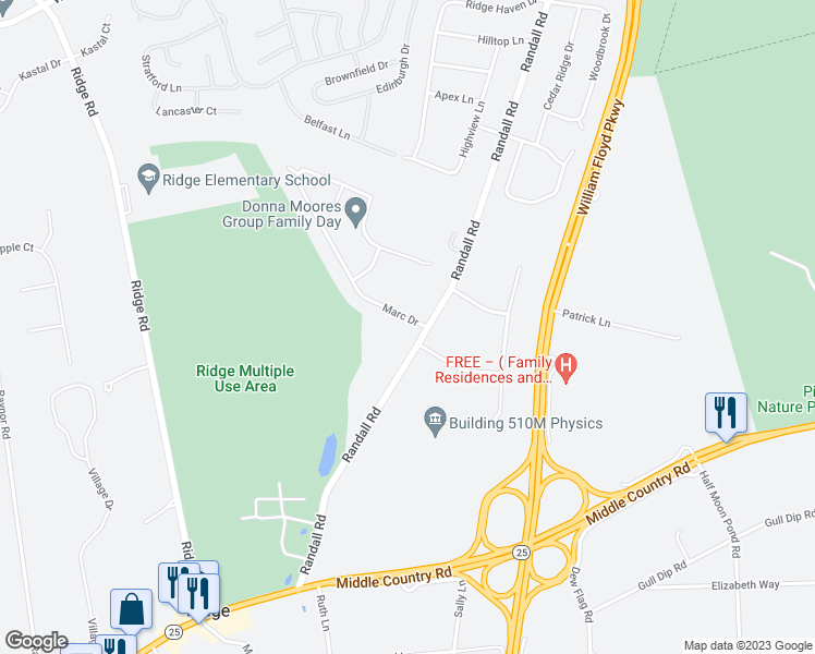 map of restaurants, bars, coffee shops, grocery stores, and more near 4 Marc Drive in Ridge