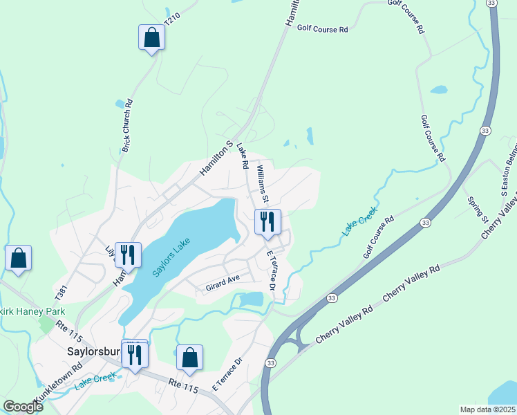 map of restaurants, bars, coffee shops, grocery stores, and more near 105 Seitz Road in Saylorsburg