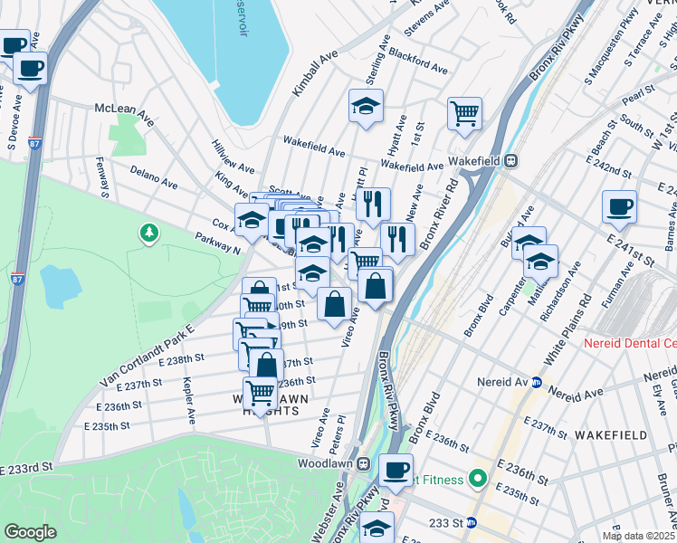 map of restaurants, bars, coffee shops, grocery stores, and more near in The Bronx