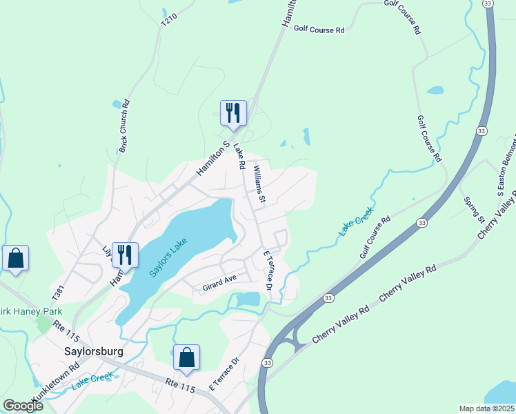map of restaurants, bars, coffee shops, grocery stores, and more near 105 Seitz Road in Saylorsburg