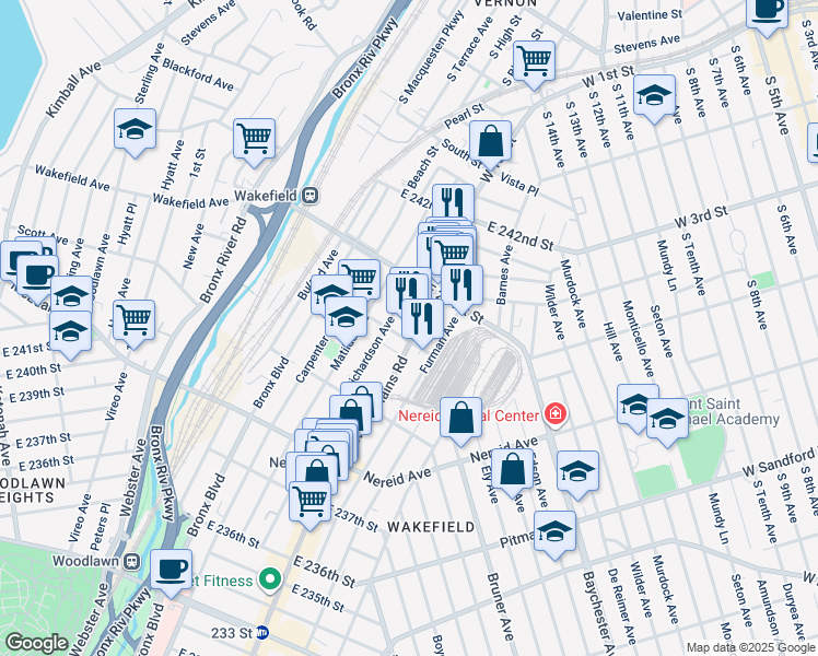 map of restaurants, bars, coffee shops, grocery stores, and more near 711 East 240th Street in The Bronx