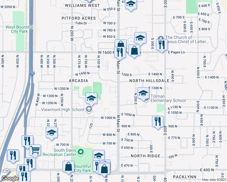 map of restaurants, bars, coffee shops, grocery stores, and more near 18 West Lady Lane in Bountiful