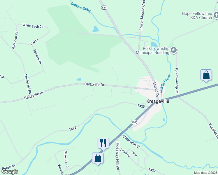 map of restaurants, bars, coffee shops, grocery stores, and more near 412 Beltzville Drive in Kunkletown