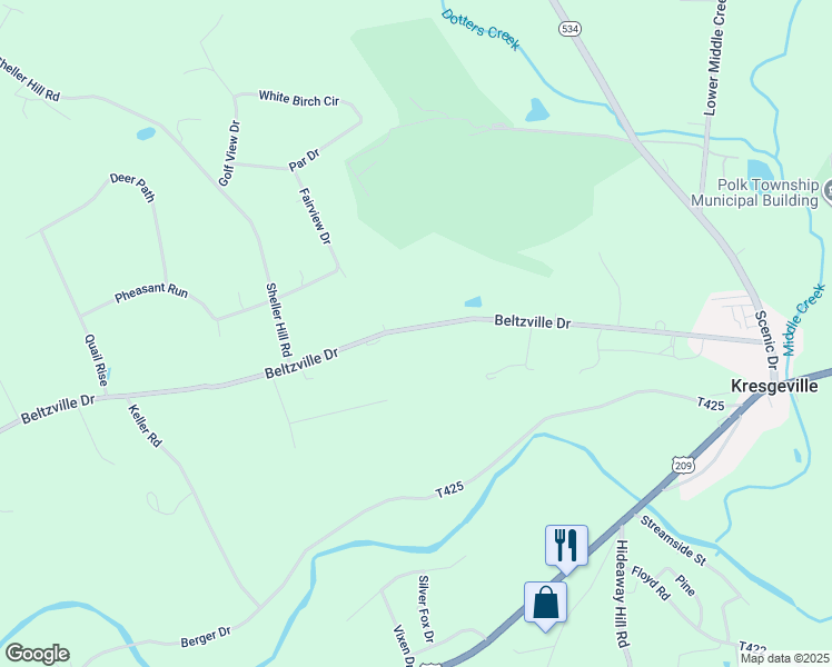 map of restaurants, bars, coffee shops, grocery stores, and more near 336 Beltzville Drive in Kunkletown