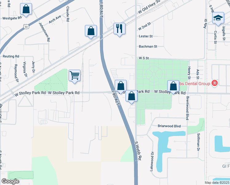 map of restaurants, bars, coffee shops, grocery stores, and more near U.S. 281 & West Stolley Park Road in Grand Island