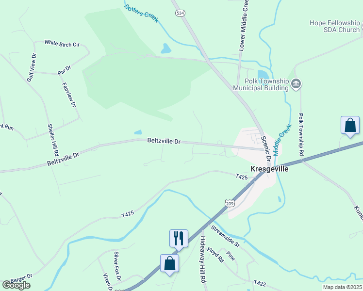 map of restaurants, bars, coffee shops, grocery stores, and more near 406 Beltzville Drive in Kunkletown