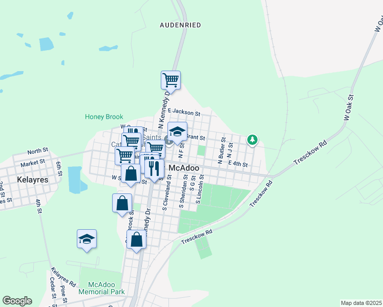 map of restaurants, bars, coffee shops, grocery stores, and more near 35 North Sheridan Street in McAdoo