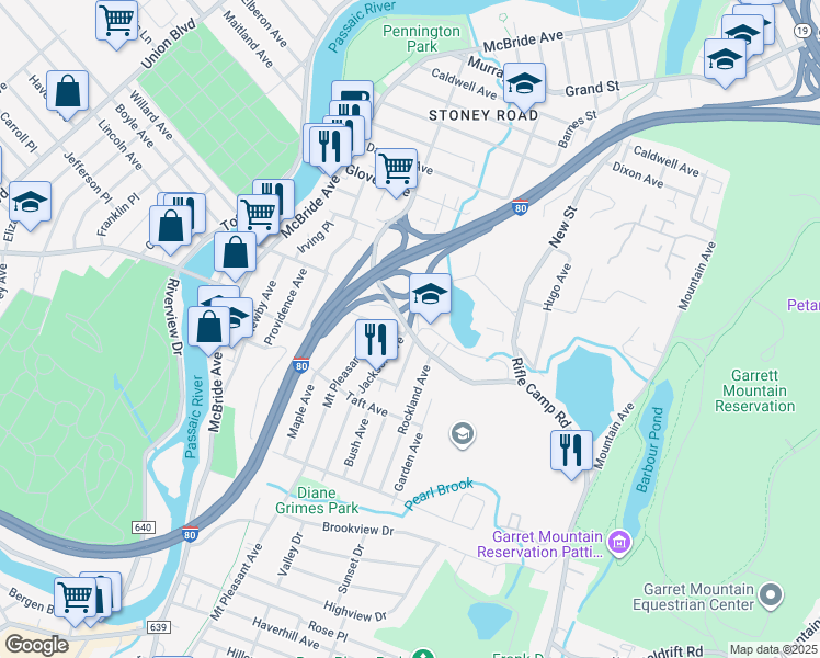 map of restaurants, bars, coffee shops, grocery stores, and more near Squirrelwood Rd & Jackson Ave in Woodland Park