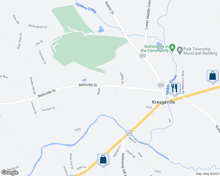 map of restaurants, bars, coffee shops, grocery stores, and more near 406 Beltzville Drive in Kunkletown
