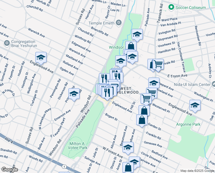 map of restaurants, bars, coffee shops, grocery stores, and more near 1202 The Plaza in Teaneck