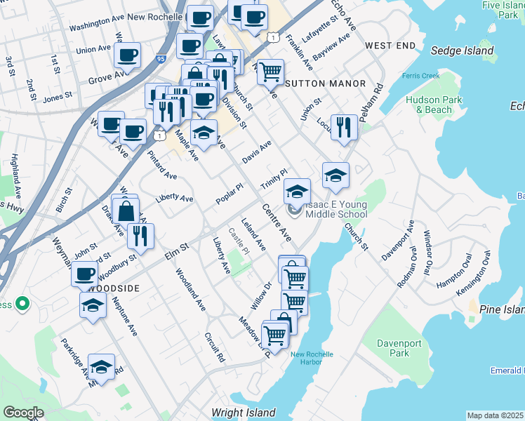 map of restaurants, bars, coffee shops, grocery stores, and more near 18 Leland Avenue in New Rochelle