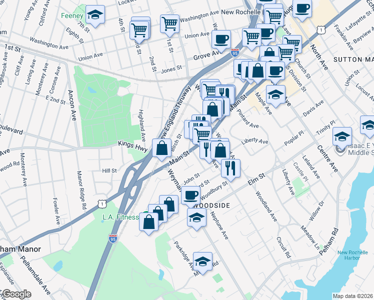 map of restaurants, bars, coffee shops, grocery stores, and more near 788 Main Street in New Rochelle