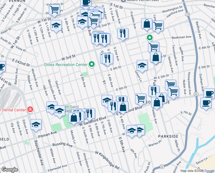 map of restaurants, bars, coffee shops, grocery stores, and more near in Mount Vernon
