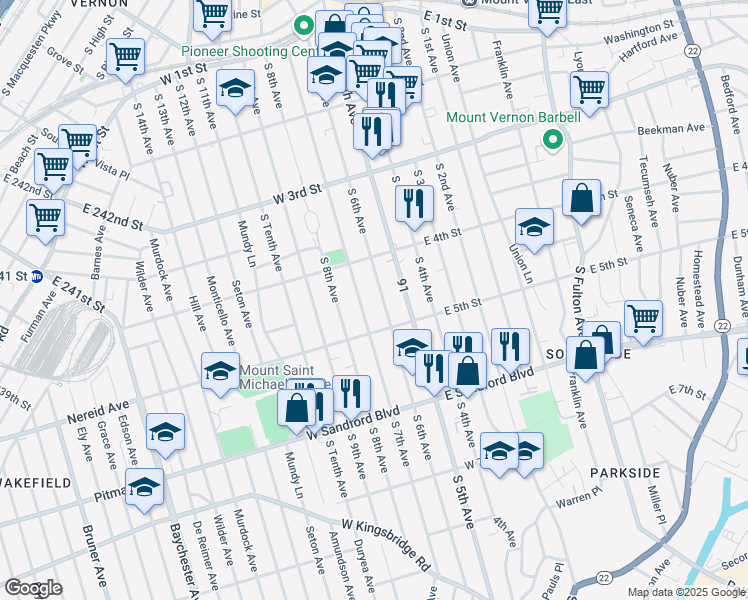 map of restaurants, bars, coffee shops, grocery stores, and more near 351 South 7th Avenue in Mount Vernon