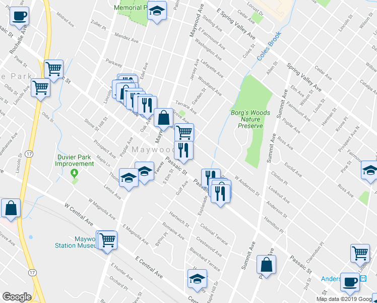 map of restaurants, bars, coffee shops, grocery stores, and more near 550 Elm Street in Maywood