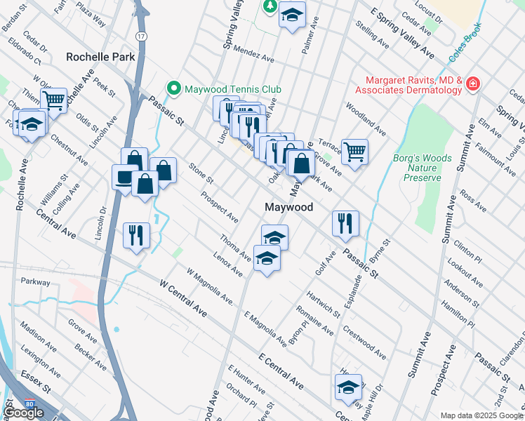 map of restaurants, bars, coffee shops, grocery stores, and more near 40 Taplin Avenue in Maywood