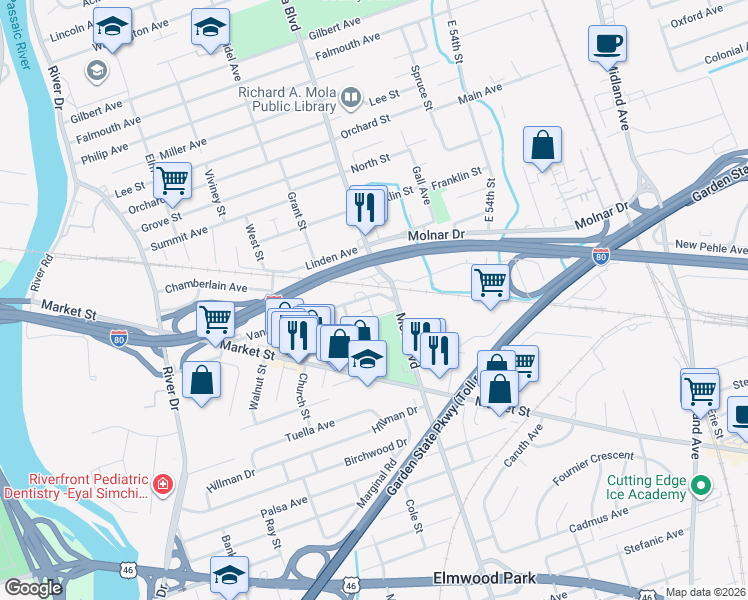 map of restaurants, bars, coffee shops, grocery stores, and more near 10 Veterans Place in Elmwood Park