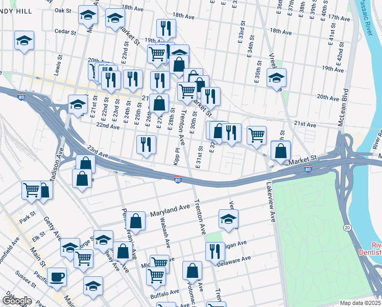 map of restaurants, bars, coffee shops, grocery stores, and more near 731 East 30th Street in Paterson