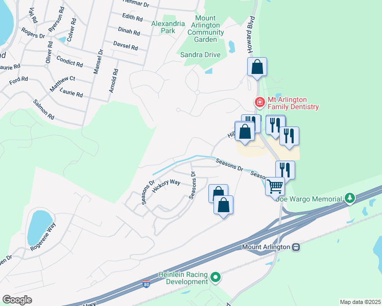 map of restaurants, bars, coffee shops, grocery stores, and more near 69 Brookside Lane in Mount Arlington