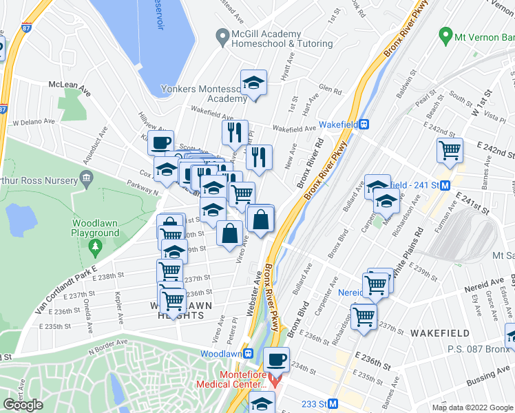 map of restaurants, bars, coffee shops, grocery stores, and more near 26 1st Street in Yonkers