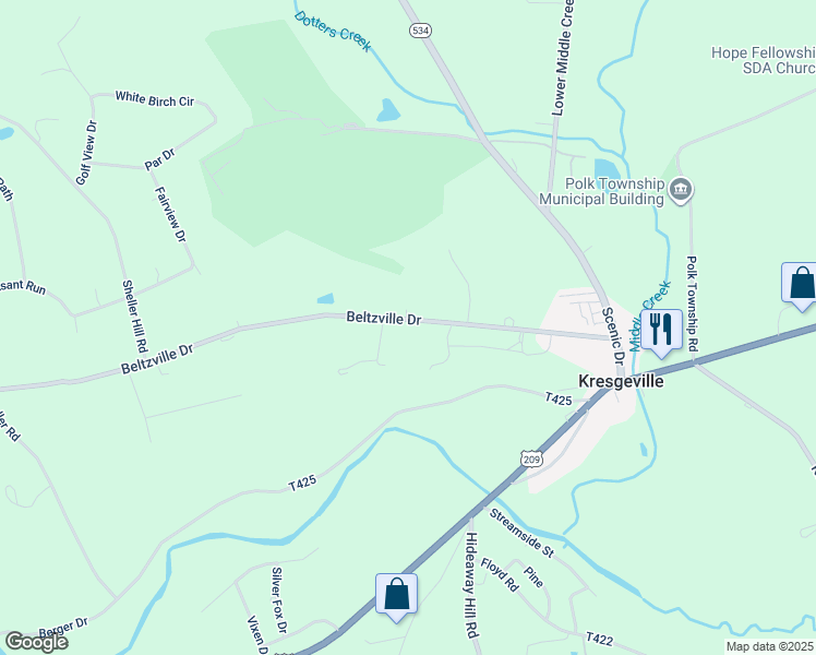 map of restaurants, bars, coffee shops, grocery stores, and more near 398 Beltzville Drive in Kunkletown