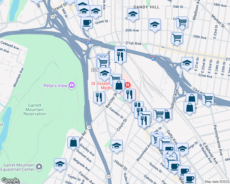 map of restaurants, bars, coffee shops, grocery stores, and more near 152 Barclay Street in Paterson