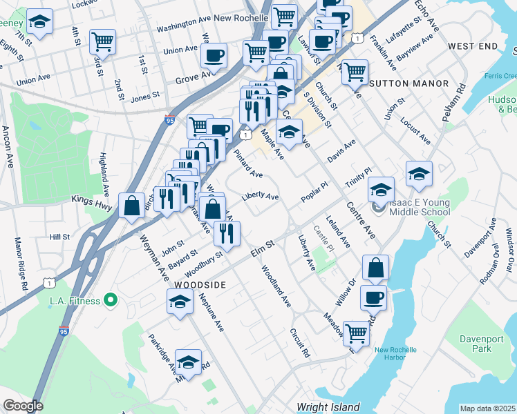 map of restaurants, bars, coffee shops, grocery stores, and more near 34 Linden Place in New Rochelle