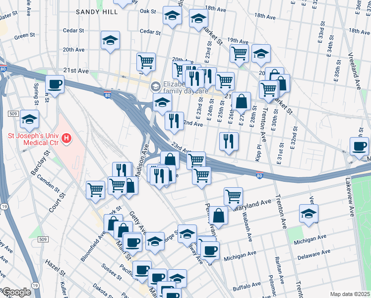 map of restaurants, bars, coffee shops, grocery stores, and more near 67 23rd Avenue in Paterson